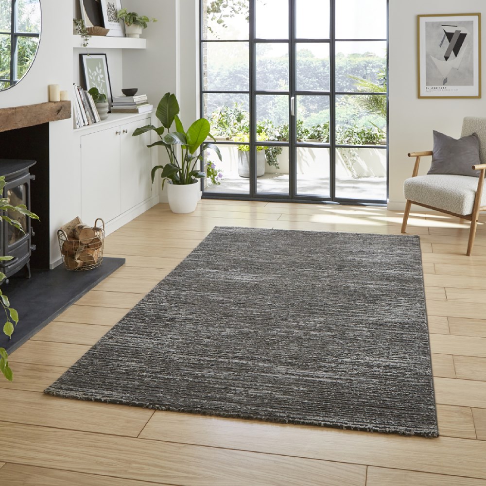 Flores 1930 Plain Textured Washable Rug in Charcoal Grey